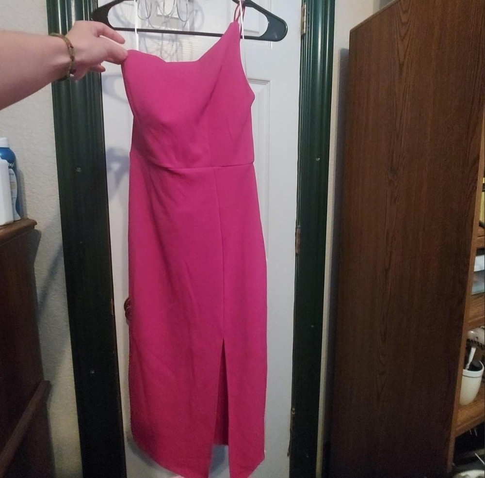 Hello Molly Pink One-Shoulder Midi Slip Dress Side Slit Zip US 4 Small