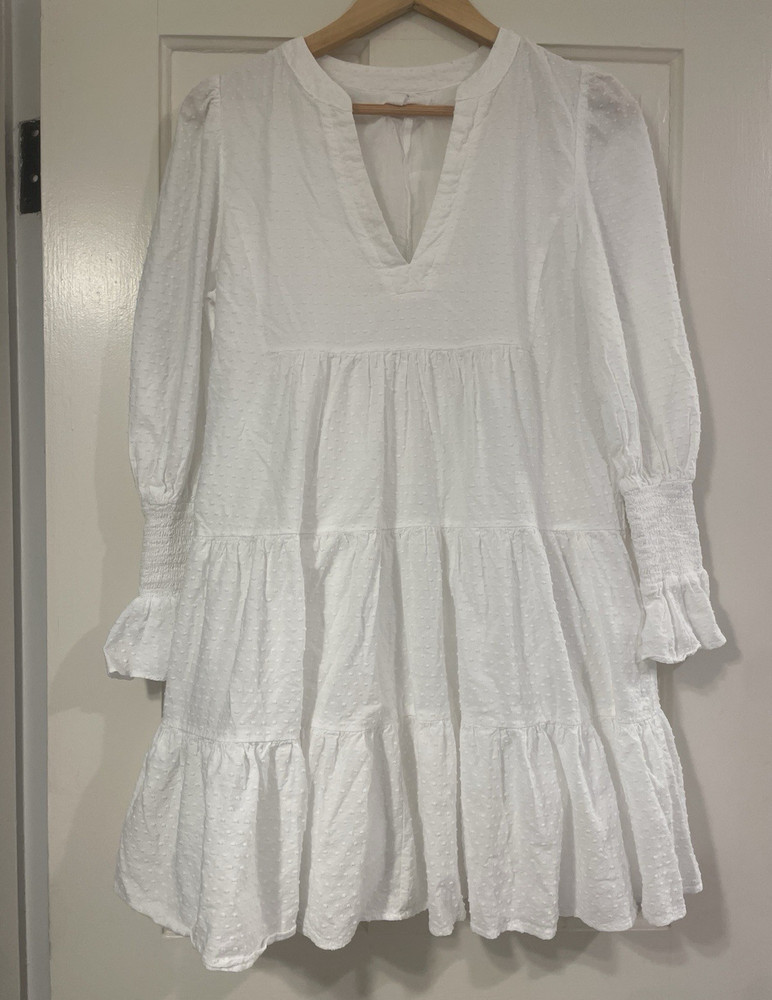 Pomander Place Tuckernuck White 100% Cotton V-Neck Swiss Dot 3/4 Sleeve Dress M