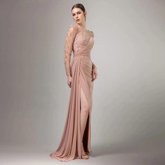 Evening Dress Customi Round Neck Long Sleeve Beading Pleat Split Chiffon Mermaid