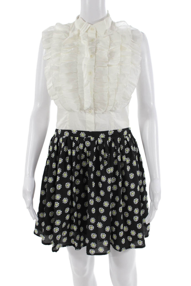 Anna Sui Womens Shirt Dress Black Floral Collared Sleeveless Button Size 4