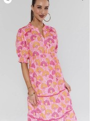 Umgee Pink Orange White Floral V-Neck Ruffle Midi Dress 3/4 Sleeve M