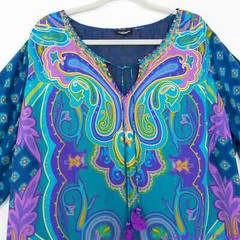Tolani blue Electric Paisley Shift Dress with tassle half-sleeve, 1X