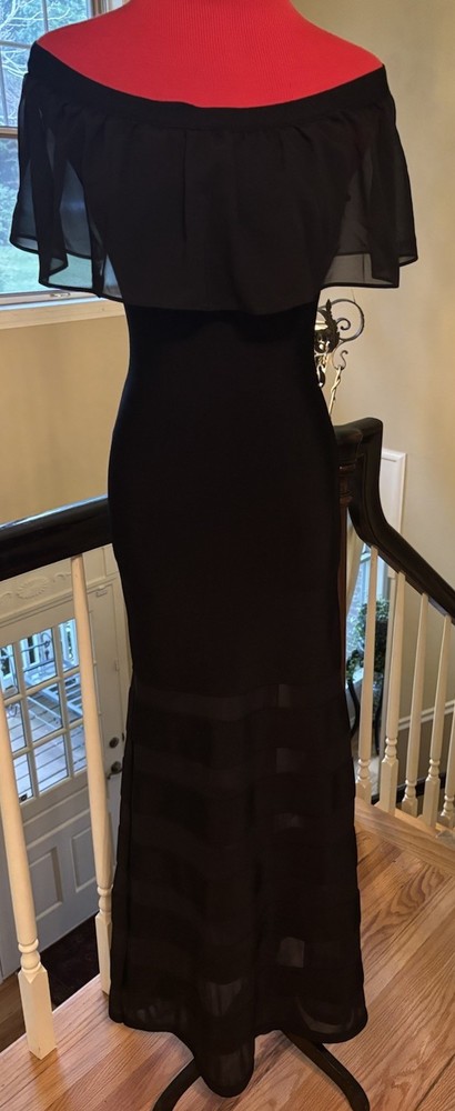 Bebe Black Chiffon Off Shoulder Collar Maxi Dress W/Mesh Stripe Mermaid Skirt XS