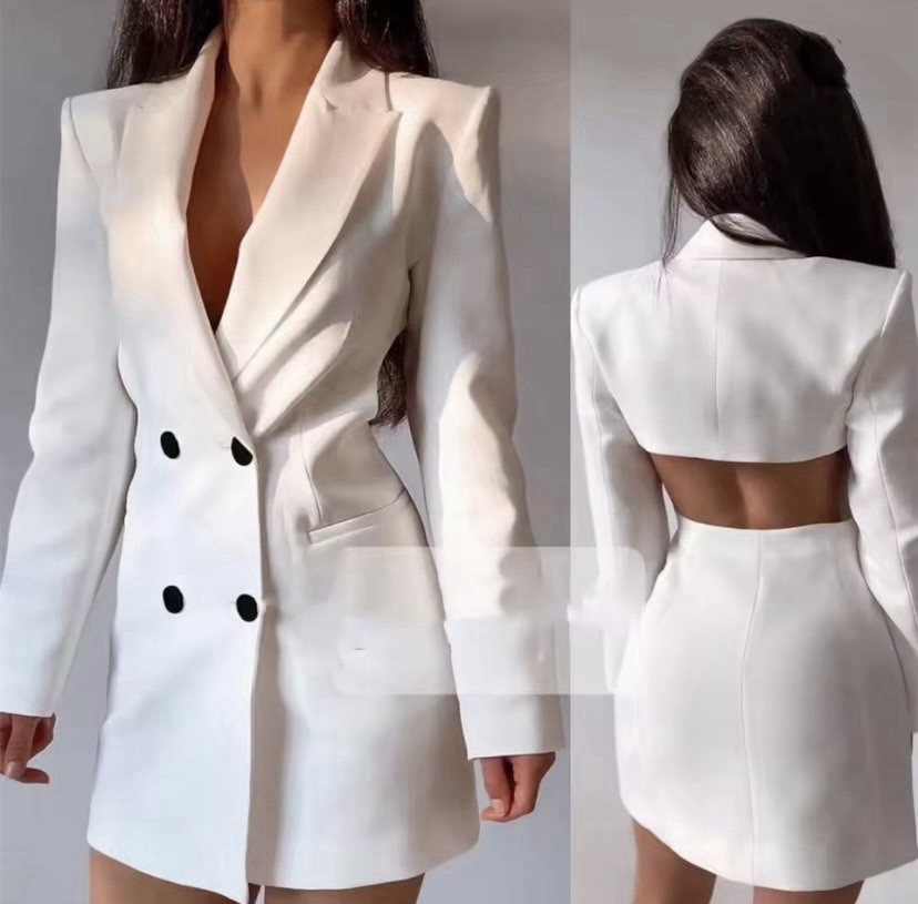 Women’s White Solid V-Neck Long Sleeve Double-Breasted Backless Blazer Mini S