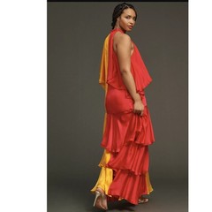 New Anthropologie x Pinnacle Mock-Neck Colorblock Ruffle Dress $248 Pink Yellow