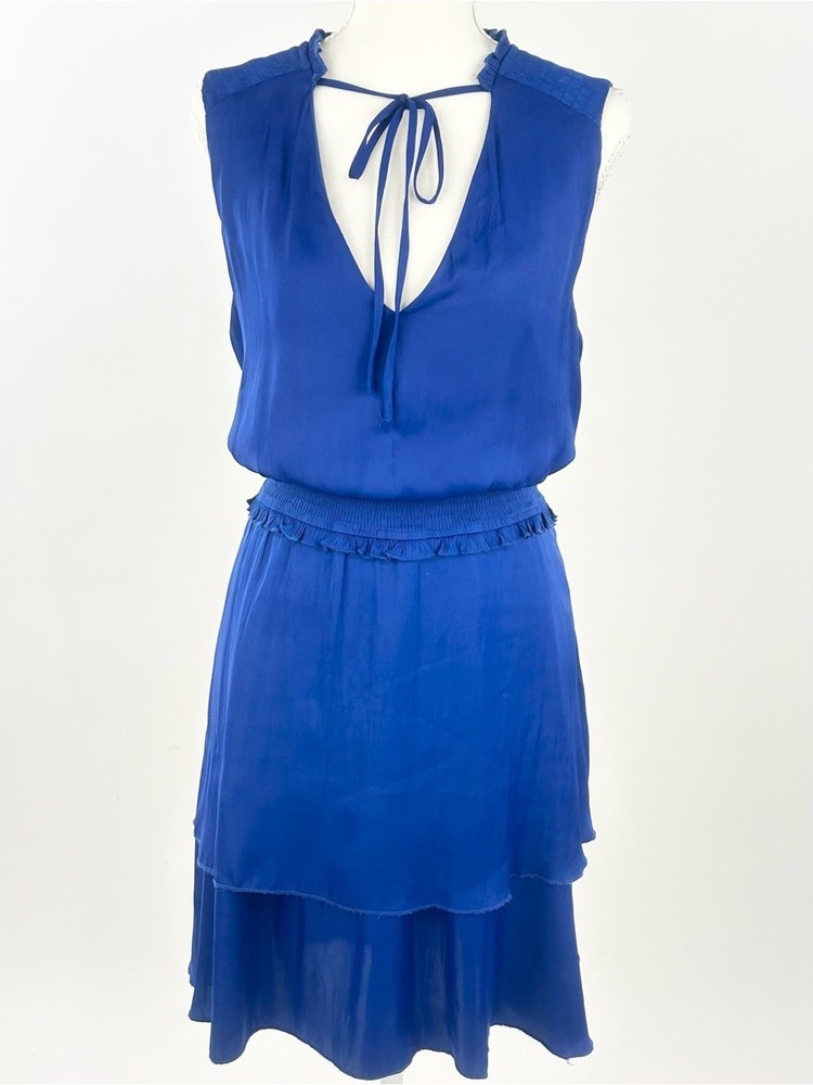 Sam Edelman Cobalt Blue Tiered Midi Dress Smocked Waist Tie Neck Size 10