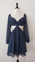 New Dress Size Large Blue Polka Dot Cut Out Tie Cottage Wedding Brunch