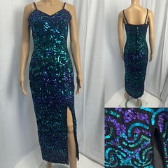 VTG 90s Scala 100% Silk Hand-Beaded Sequin Mermaid Maxi Dress Teal Sz S Formal
