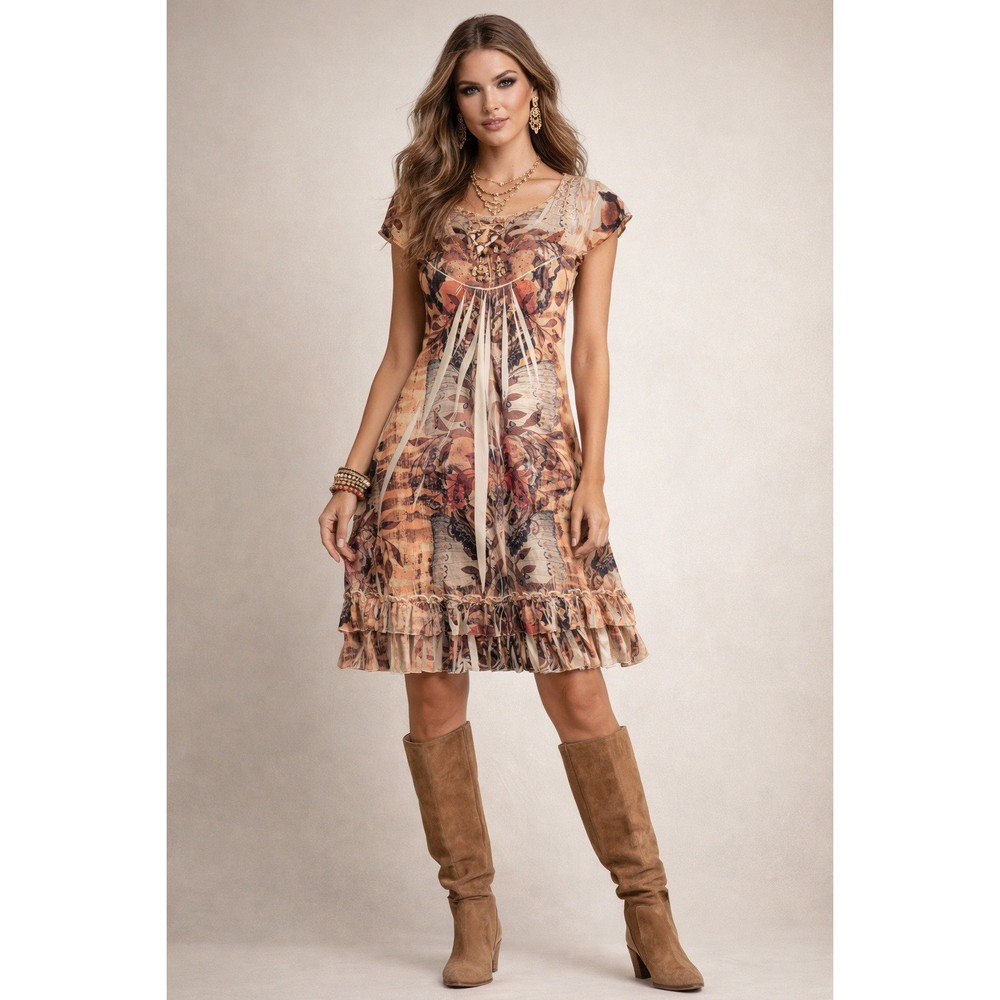 One World Butterfly Print Sheer Overlay Ruffle Hem Dress Women Size S