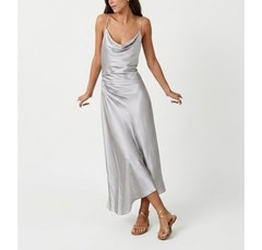 Zara Satin Effect Midi Dress Metallic Silver Cowl Neck Ruched Draped Side S NWT