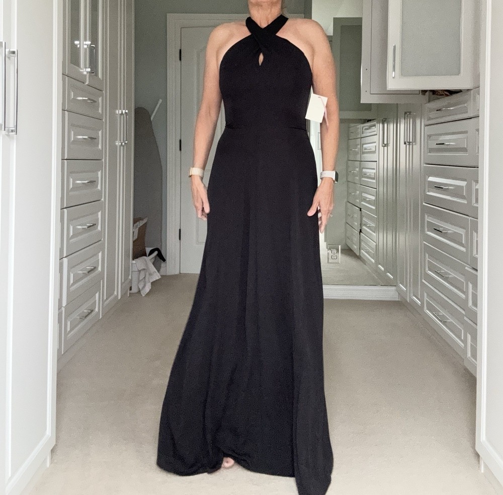 Elegant Black Halter Gown with Full-Length Split Cape With Hot Pink Underlayer