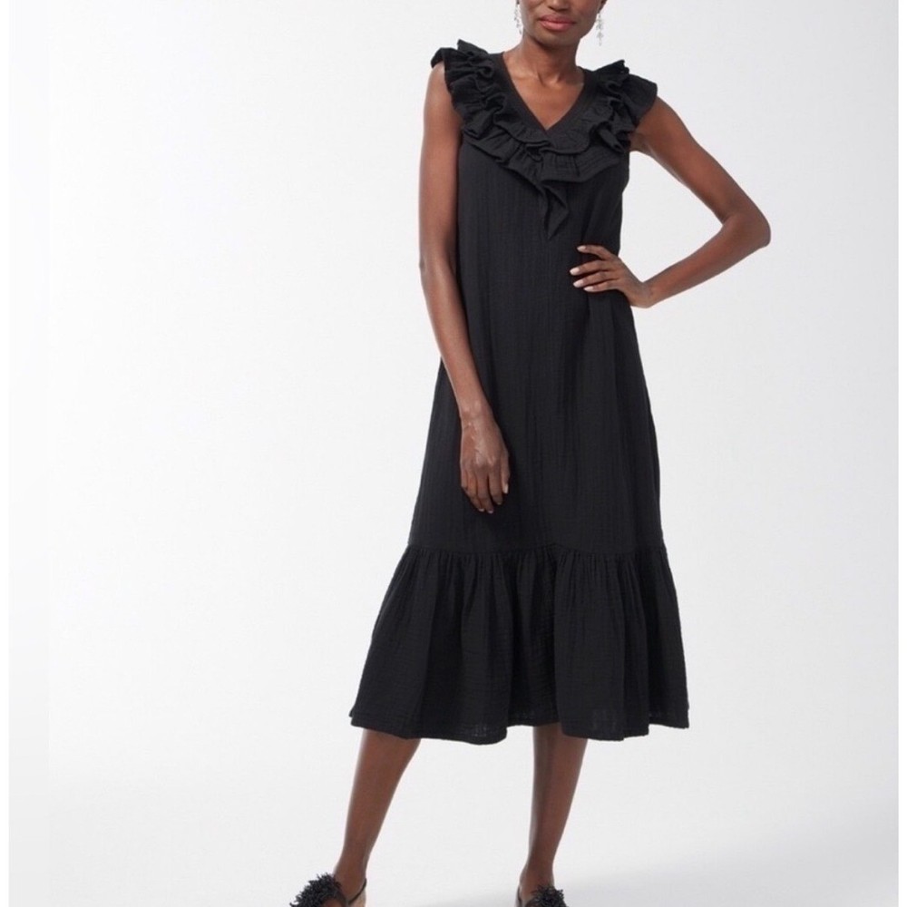 Chico&rsquo;s Sleeveless Gauzy Cotton Ruffle Edge Tiered Midi Dress 000 (XS) Black