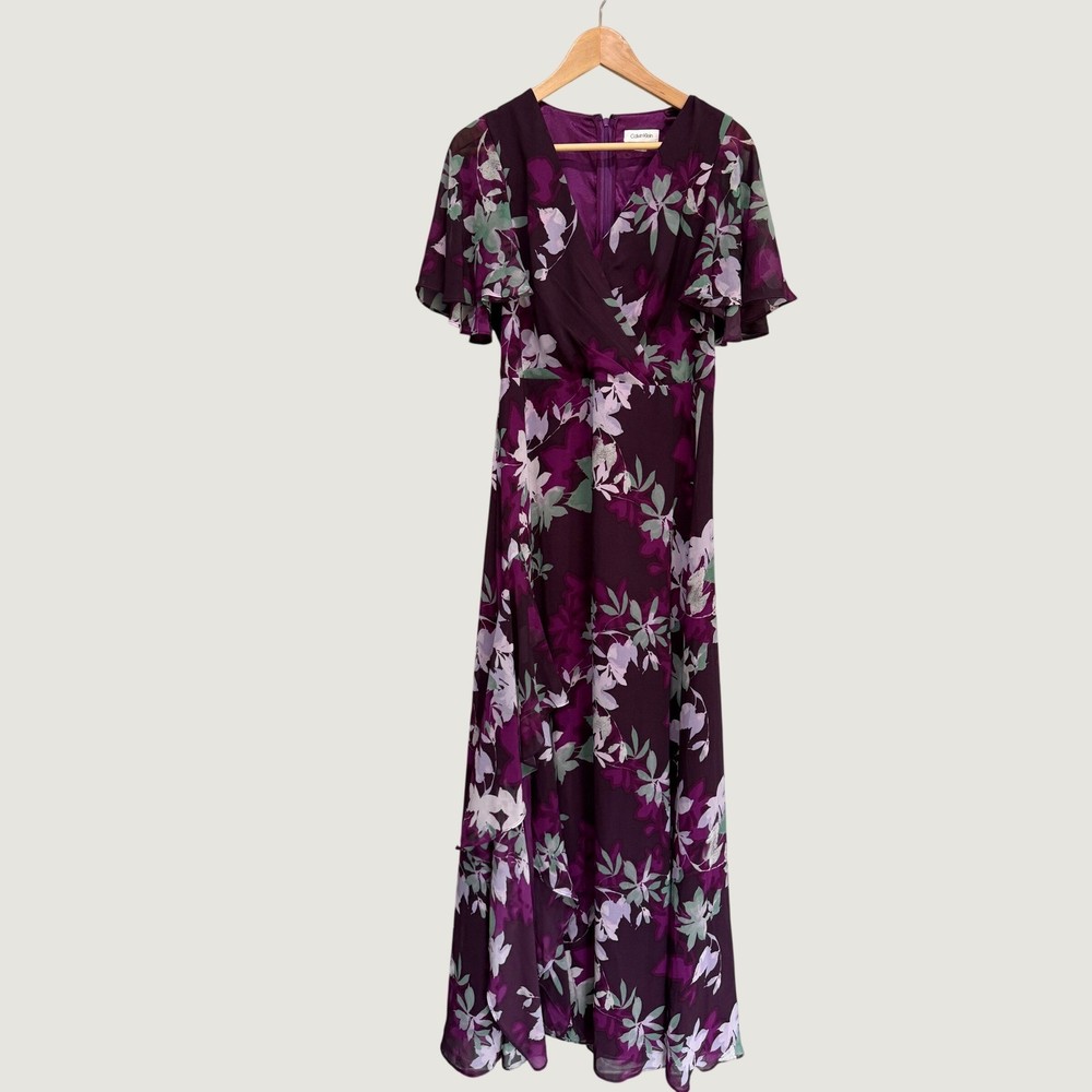 Calvin Klein Womens Plum Floral Flutter Sleeve Faux Wrap Maxi Dress Size 10
