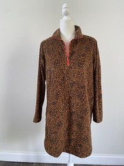 Lands End Women Leopard Print Dress LS Stretch Pockets Fleece 1/4 Zip Sz M/P