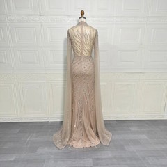 Luxury Beaded Mermaid Evening Gown Tulle Sheer Ruched Long Sleeved Ball Dress