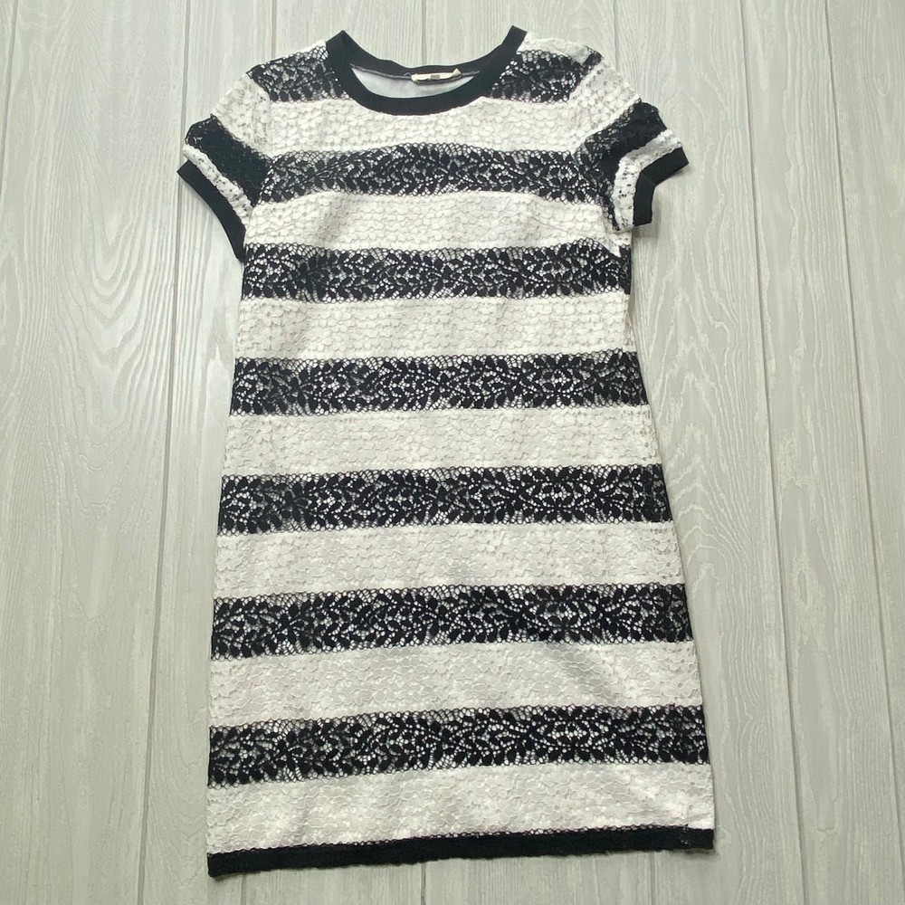 Solitaire Women&rsquo;s Black & White Striped Floral Lace Mini Dress Size Medium