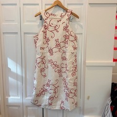 Willow Glenn White Linen Summer Wedding Red Floral Embroidered Sheath Dress 16