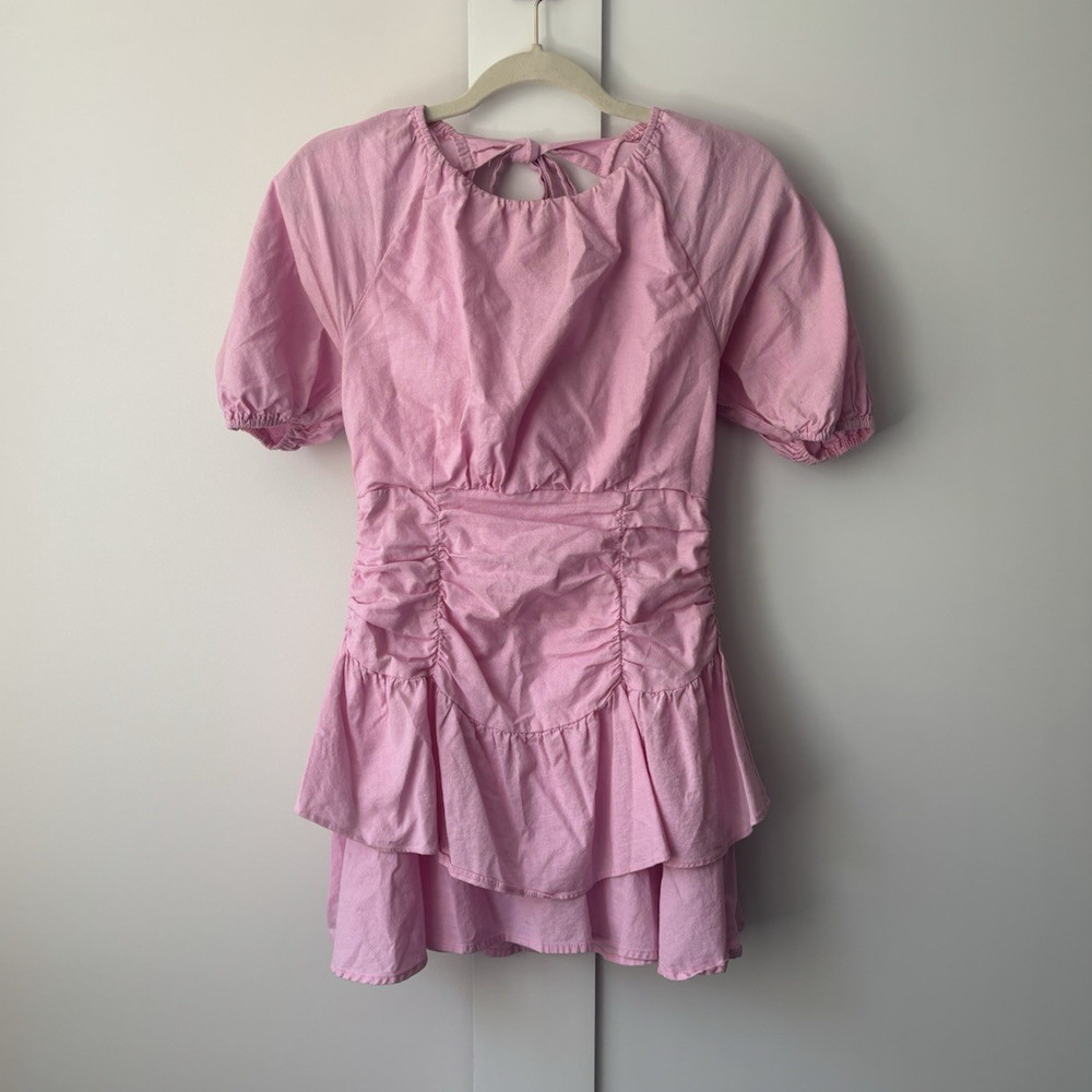 Pink Smocked Puff Half Sleeve Mini Dress Ruffle Back Tie Solid Size M