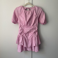 Pink Smocked Puff Half Sleeve Mini Dress Ruffle Back Tie Solid Size M