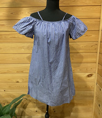 CC Blue/White Striped Off Shoulder Flutter Sleeve Shift Dress Cotton M