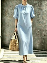 NEW Womens Solid-color Stand-collar Puffed-sleeve Straight Dress Sizes S-XXL
