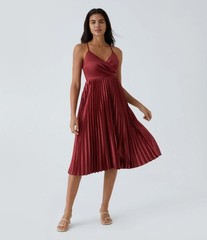 NWT Halara V Neck Lace Up Pleated Midi Dress Plum Blossom Red L