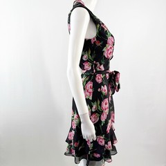 Review Black Floral Belted Ruffle V Neck Summer Party Dress Womens 6