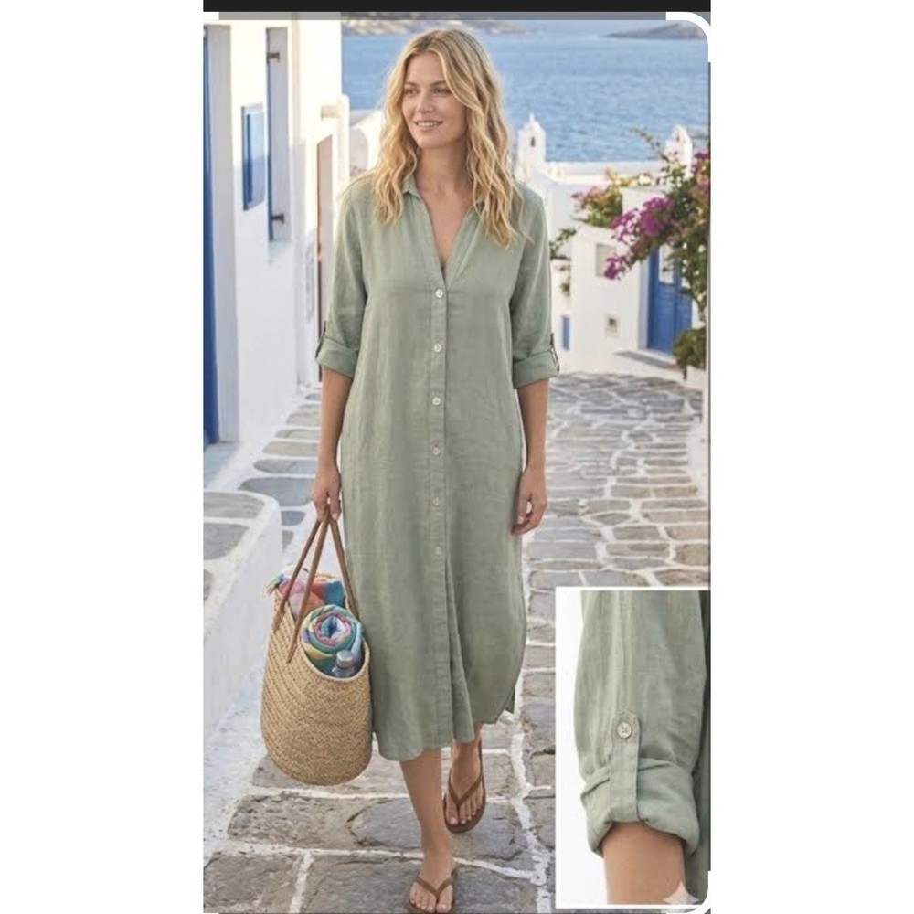 Zara Womens Sage Green 100% Linen Button Down Roll-tab Sleeve Maxi Shirt Dress S