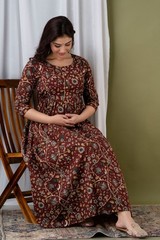 Brown Maternity Nursing Gown and Postpartum wear Kurti with side Feeding zippers