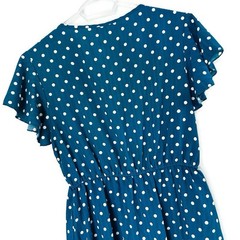 Emery Rose Teal Blue White Polka Dot Midi Dress M Flutter Sleeve V Neck Pockets