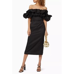 Acler Fields Ruffled Dress Size AU 6 US 2 Elegant Black Off-Shoulder Midi Dress