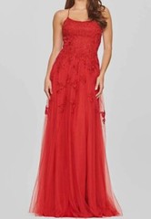 $478 Faviana Women&rsquo;s Red Embellished Lace-Up Tulle Gown Dress Size 4