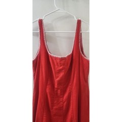 Caroline Constas Red Linen Blend Blanket Stitch Midi Dress Square Neck Red White