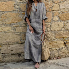 Women Retro Casual Kaftan Striped Abaya Dress Holiday Party Maxi Long Dress-Plus