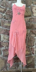 Y2K Fairy Prom Glamour 100% Silk Hand-Beaded Gown – Peach Pink Asymmetric S Mid