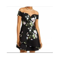 B Darlin Junior Womens 13/14 Black Floral Off The Shoulder Mini Dress NWT U10