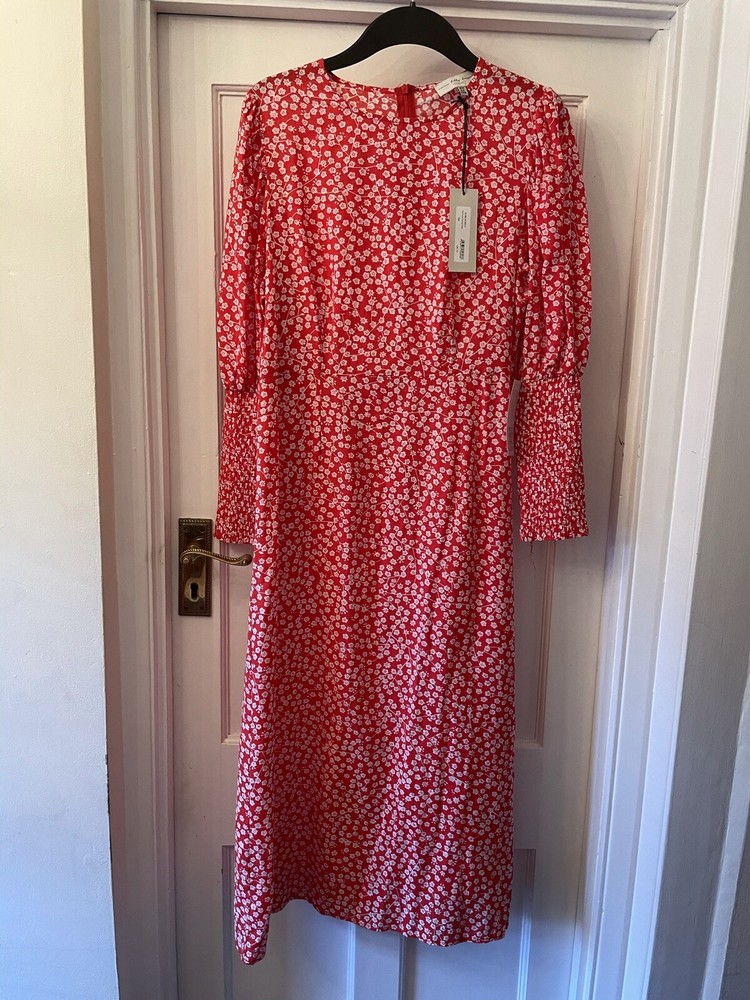New Never Fully Dressed Red & White Floral Design Midi Delores Dress,UK12