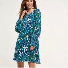Anthopology Chloe Oliver Tropical Blue Leaf Print Long Sleeve Dress