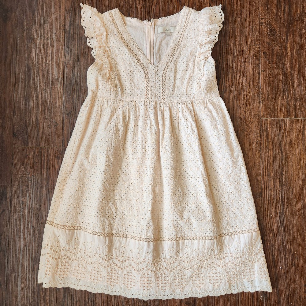 LOFT Maternity White Eyelet Ruffle Sleeve Dress Size 6M Cotton Boho Baby Shower