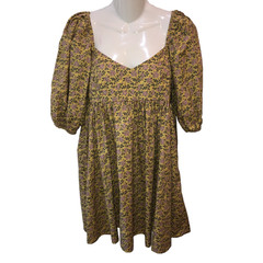 Things Between Womens Small Cottagecore Yellow Green Floral Printed Cotton Dress
