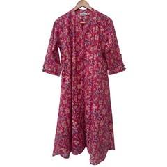 Women&rsquo;s Hand Block Print Cotton Kurti Raspberry Floral 3/4 Sleeve Back Tie Dress