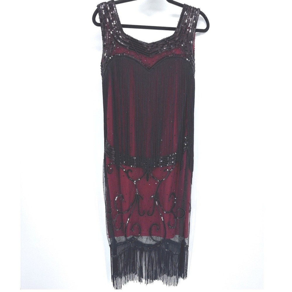 Flapper Sequin Great Gatsby 1920&rsquo;s Style Fringe Dress Large Red Black Sequin