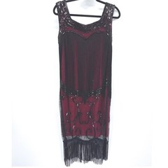 Flapper Sequin Great Gatsby 1920&rsquo;s Style Fringe Dress Large Red Black Sequin