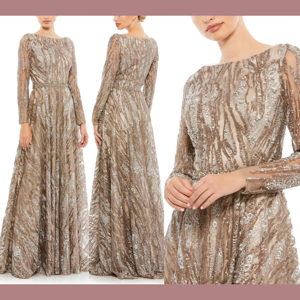 NWT Mac Duggal [ 10 ] 79261 Sequin Long Sleeve Bateau A-Line Gown Mocha G1298