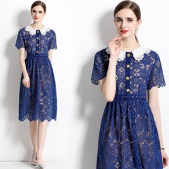 Floral Embroideried Peter Pan Neck Short Sleeve Women Casual Party Lace Dresses