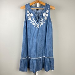 Talbots Chambray Embroidered Boho Dress Womens S Blue Sleeveless Ruffle Hem