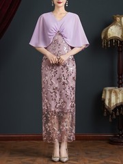 Cape Shawl Stitching Embroidered V-neck Evening Dress Long Elegant Four Seasons