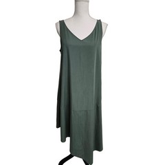 Eileen Fisher V-Neck Midi Dress Green Tencel Lyocell Asymmetrical Hem Women&rsquo;s S