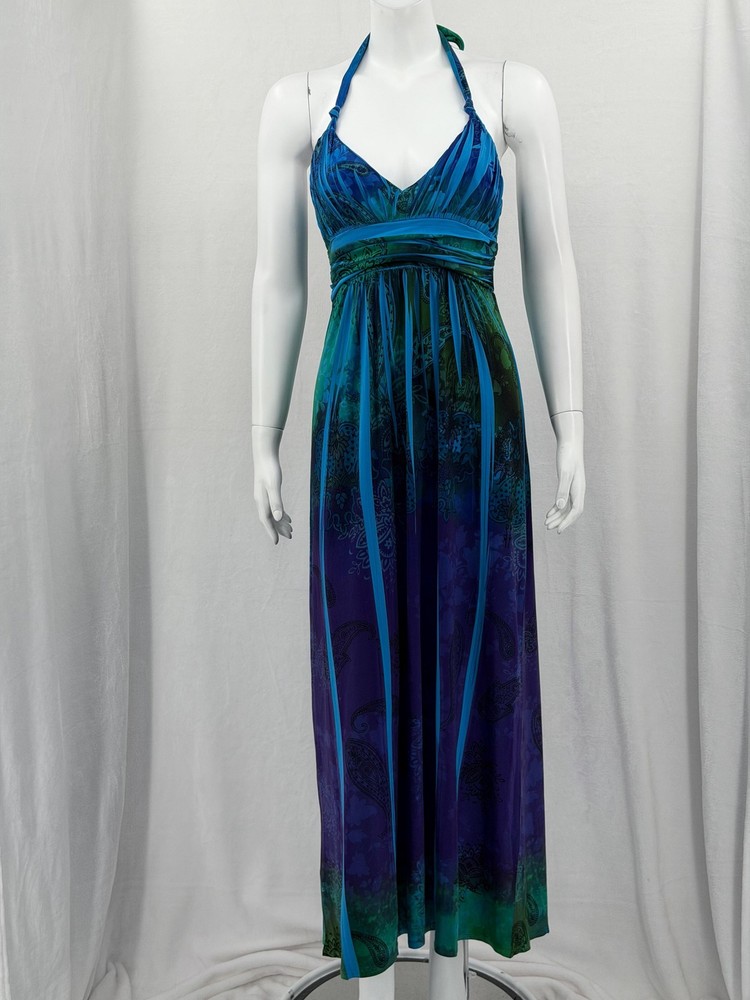 City Triangles Dress Womens Medium Blue Green Halter Maxi Paisley Boho Y2K Beach