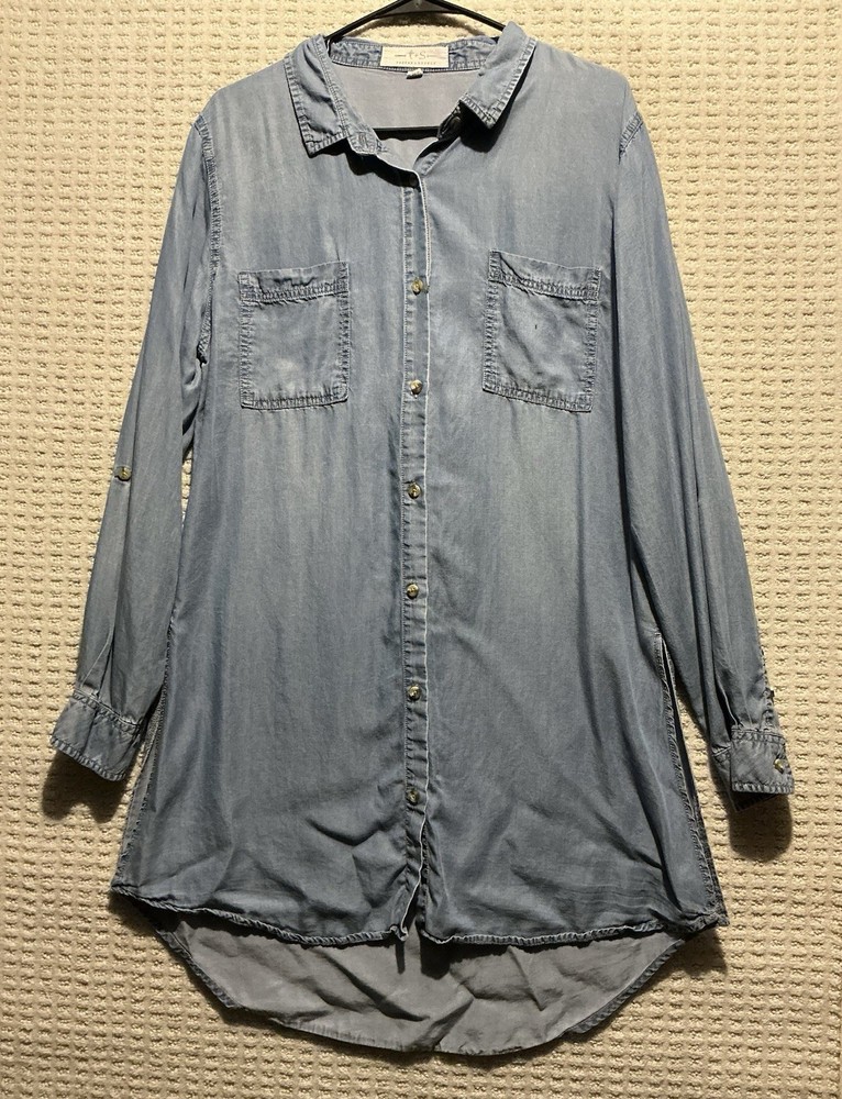 Thread & Supply Chambray Women’s Tunic Shirt Dress L Roll Tab Sleeves Blue